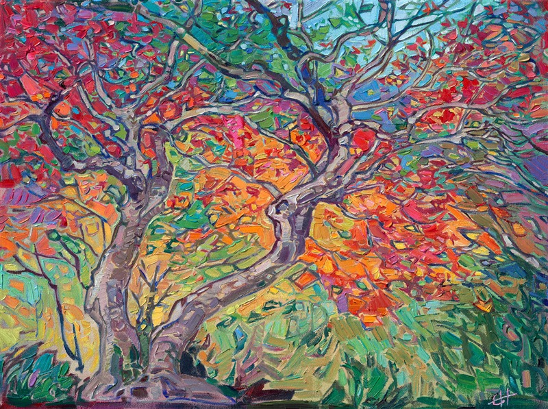 Colorful fall color Japanese maple painting by American impressionist Erin Hanson, available for purchase as an original oil painting, canvas prints, or 3D Textured Replicas.