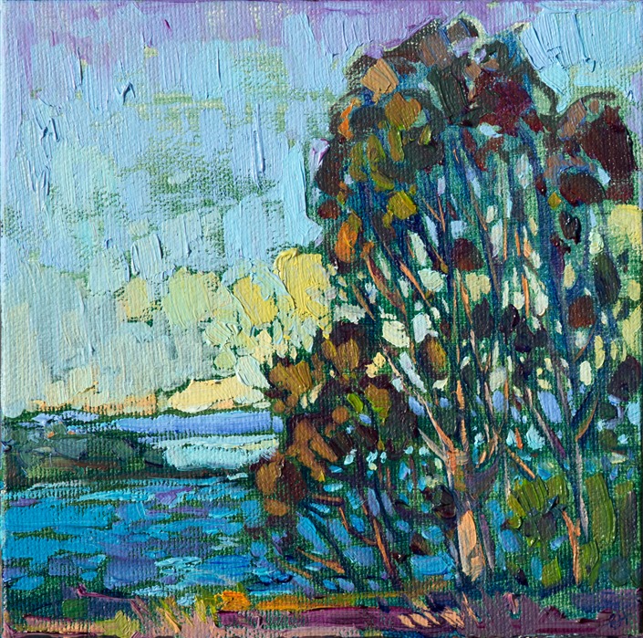 Small 6x6 oil painting of La Jolla Bay, by California impressionist Erin Hanson.