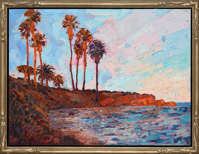 La Jolla Cove impressionist painting framed in carved open impressionist frame