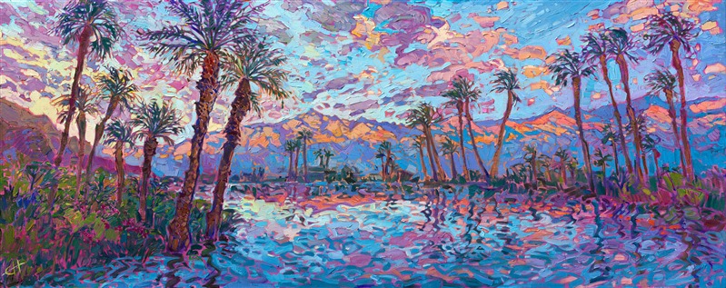 California desert palm trees La Quinta lake reflections oil painting landscape in southwest impressionist style by Erin Hanson.