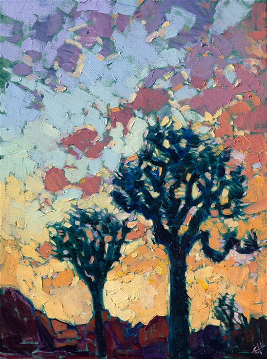 A petite oil painting 12x16 of Joshua Tree National Park, by contemporary impressionist Erin Hanson.