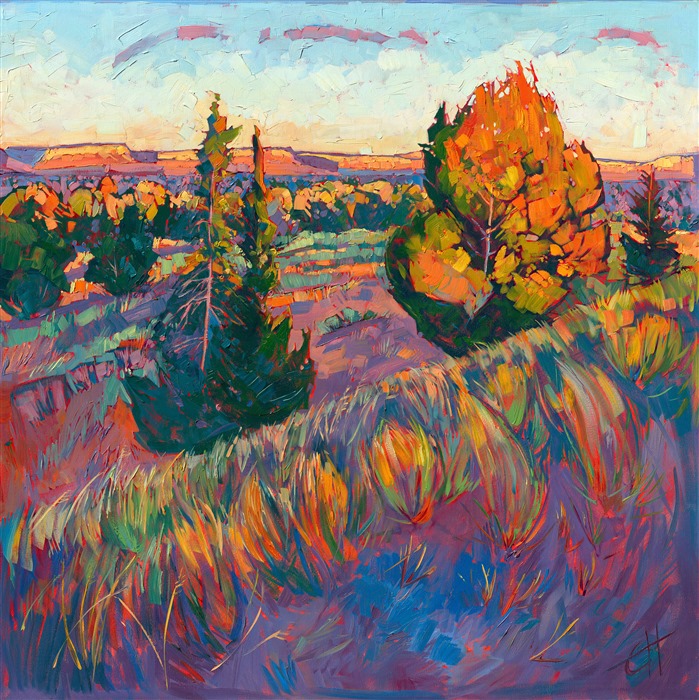 Arizona high desert oil painting in sunset colors, by impressionist artist Erin Hanson