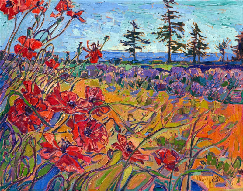 Lavender and poppy flower fields from Washington northwest meadows, original oil painting and prints by Erin Hanson.