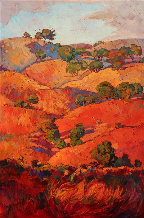 Red and burgundy rolling hills of Paso Robles, painted in oils by artist Erin Hanson