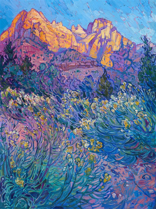 Court of the Partriarchs, colorful art painting of southern Utah, sunrise view of Zion National Park from the Pa&amp;amp;amp;amp;amp;amp;amp;amp;#39;rus Trail, original oil painting for sale by American impressionist Erin Hanson.