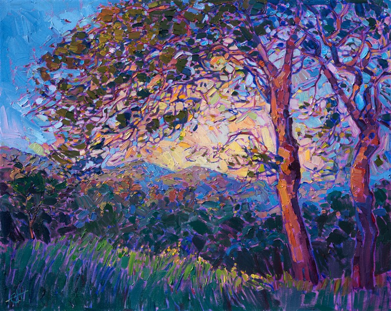 California oaks painted in an early California style by contemporary painter Erin Hanson.