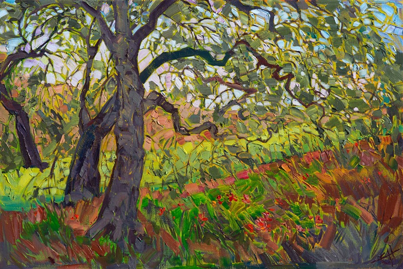 California oaks painted in mosaic oils by modern expressionist landscape painter Erin Hanson