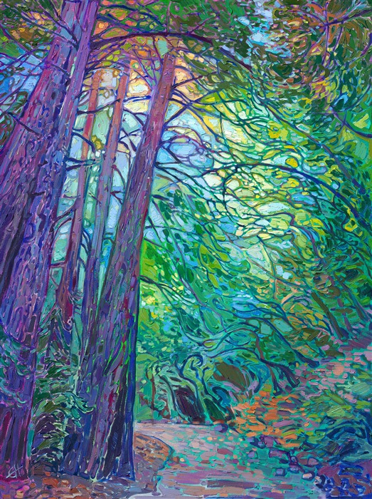 Redwoods oil painting landscape in a modern abstract impressionism style, by Erin Hanson