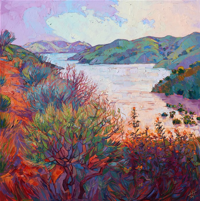 Whale Rock Reservoir landscape painting in vivid color and texture, by Erin Hanson