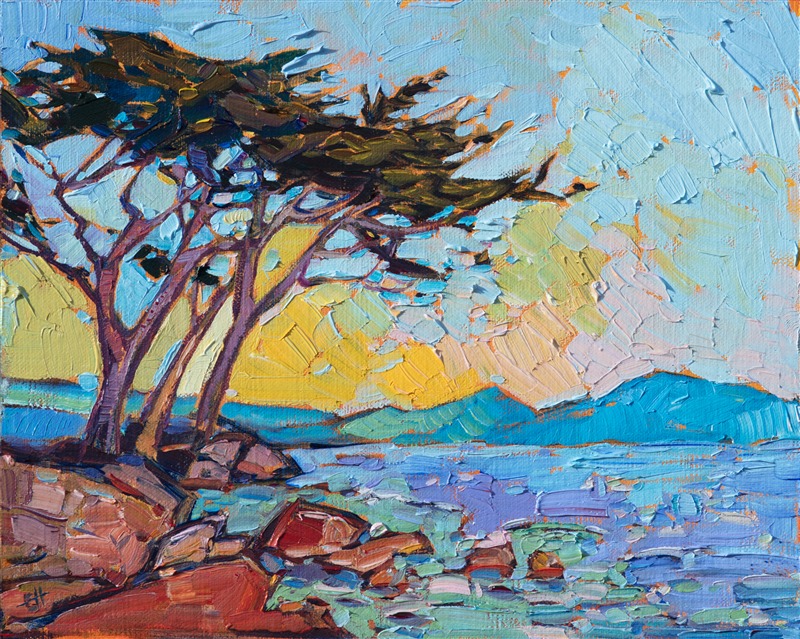 Coastal scenery oil painting of Pebble Beach by contemporary artist Erin Hanson