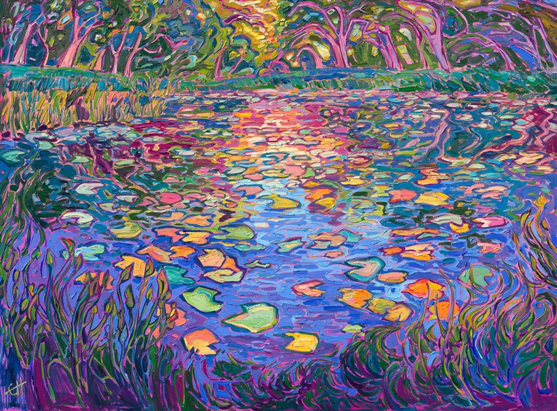 Painting in the Hilbert Museum of California Art. Lilies impressionism oil painting by modern oil painter Erin Hanson, inspired by Norton Simon&#39;s lily pond in Pasadena, California. 