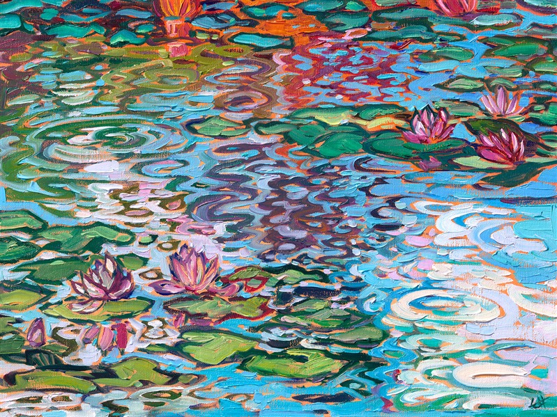 Water lily painting inspired by Monet&amp;amp;#39;s garden in a modern impressionism style by Erin Hanson