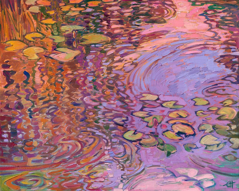 Monet&amp;#39;s lilies at sunset, original oil painting by modern impressionist Erin Hanson