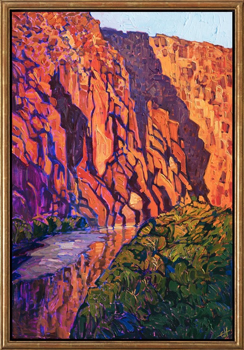 Big Bend National Park painting of the Rio Grande, by artist Erin Hanson, framed in a gold floater frame.