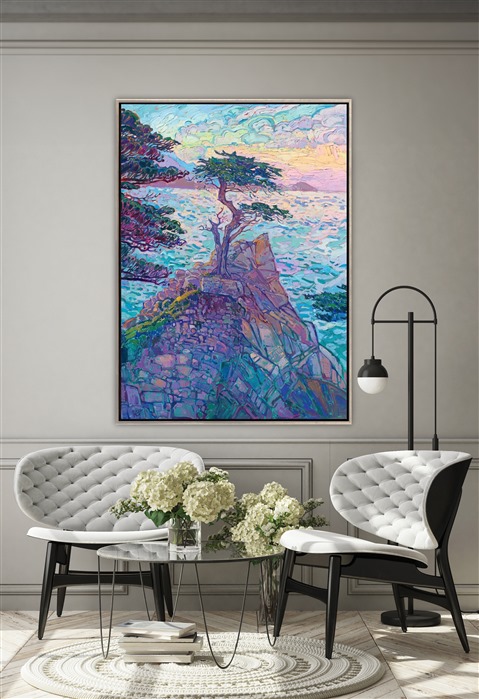 Cypress tree painting hanging in Pebble Beach home, coastal artwork by Erin Hanson