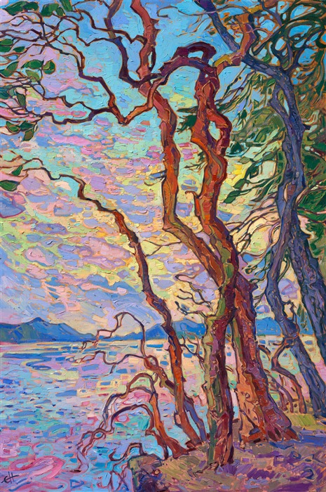 Colorful madrone tree painting from Washington San Juan islands, by impressionist Erin Hanson