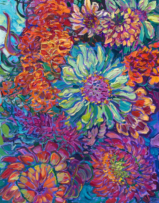 Exotic flowers oil painting for sale by modern impressionist Erin Hanson for interior design colors teal and magenta.