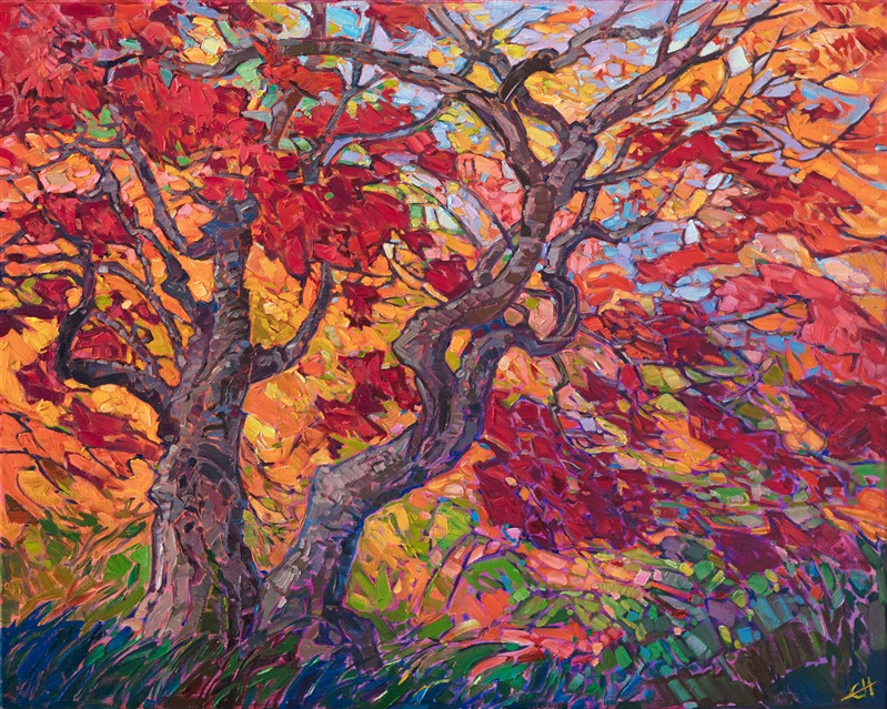 Impressionistic painting of Japanese maple trees, by artist Erin Hanson