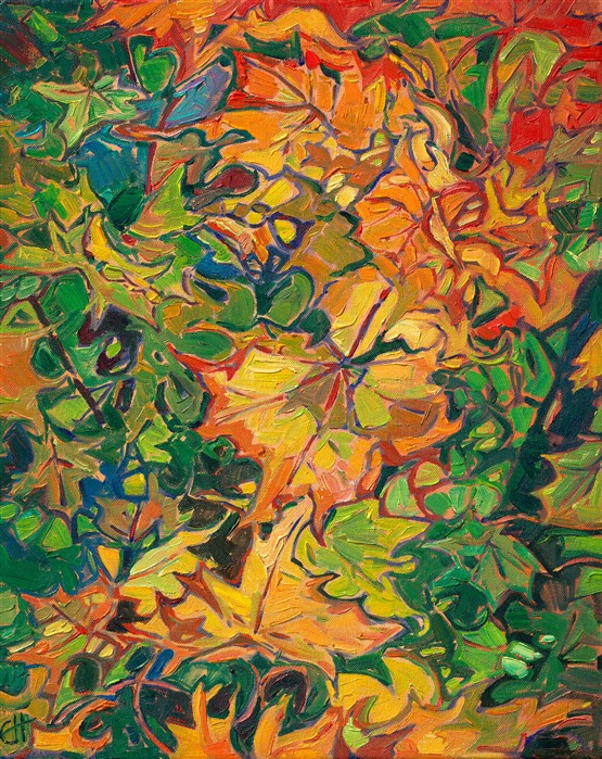 Abstract impressionism oil painting of autumn maple leaves, by Erin Hanson