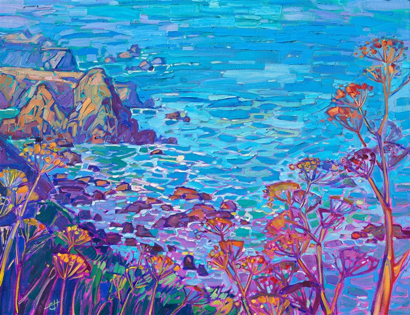 Mendocino haystacks coastal landscape oil painting in an abstract impressionism style, by Erin Hanson.