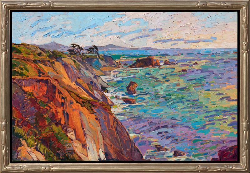 Framed Mendocino artwork by California landscape impressionist painter Erin Hanson framed in champagne Open Impressionism frame