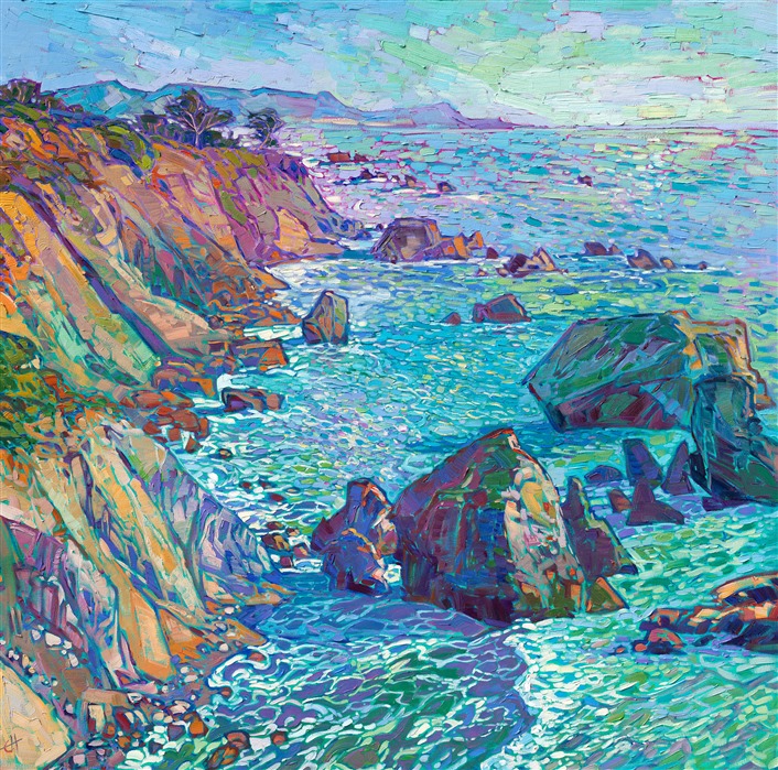 Mendocino northern California coastal oil painting in a contemporary impressionism style, by modern painter Erin Hanson.