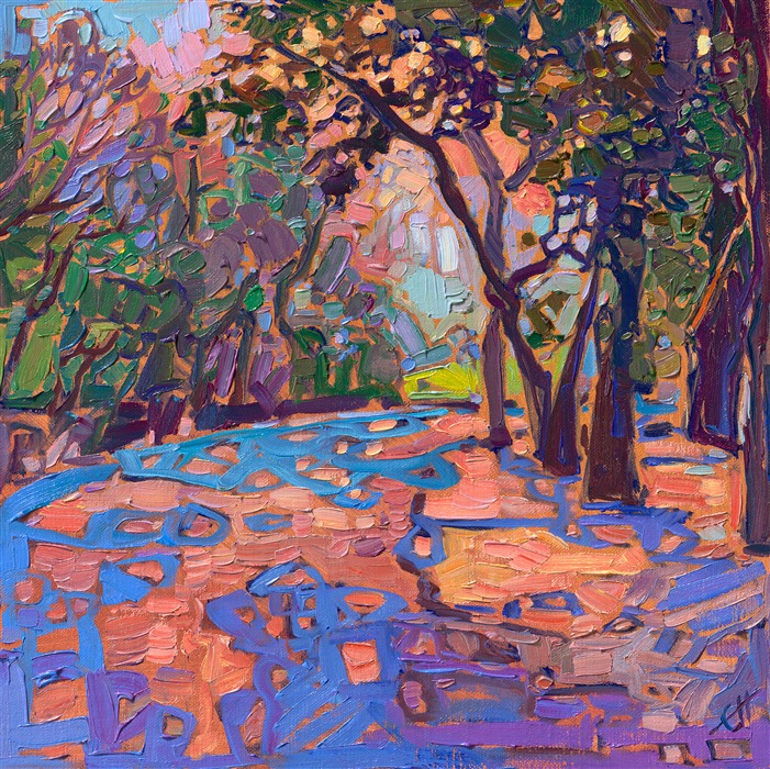 Open Impressionism painting of oak trees in the mist, by abstract impressionist Erin Hanson