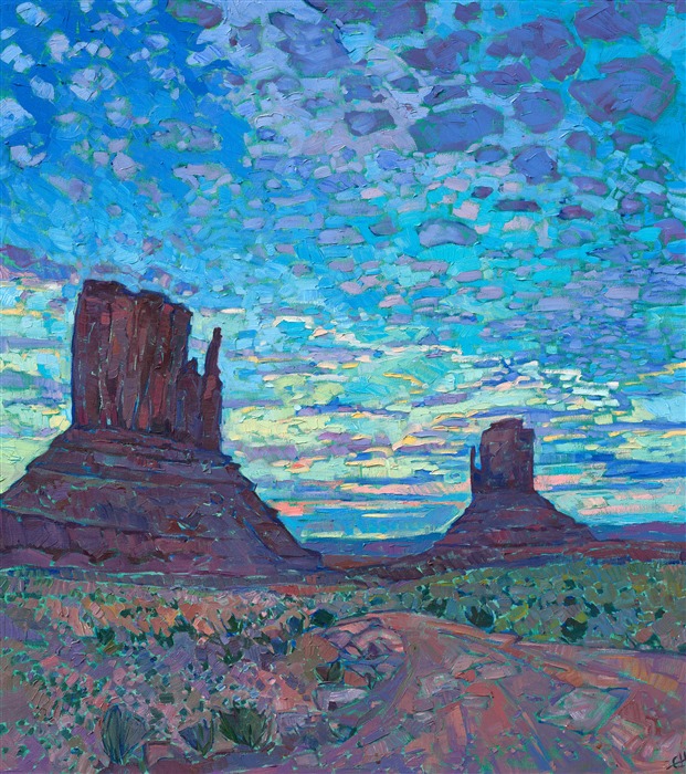 Monument Valley four corners oil painting landscape of a desert sunset, by Erin Hanson