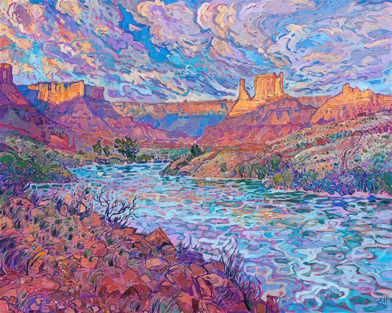 Moab Utah landscape painting of the Colorado River and surrounding red rock buttes, by American impressionism painter Erin Hanson.