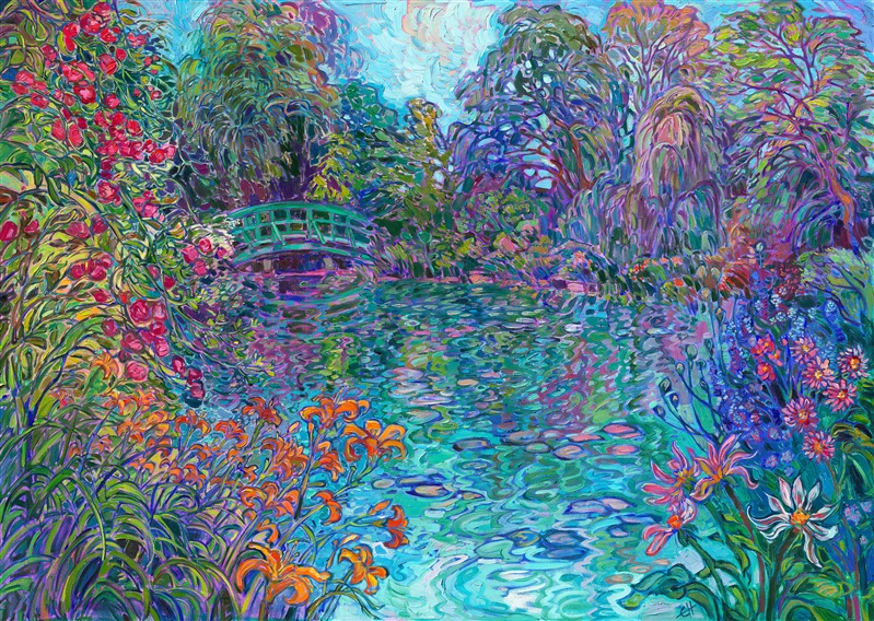 Painting of the green bridge in Monets Garden, original impressionism oil painting by Erin Hanson