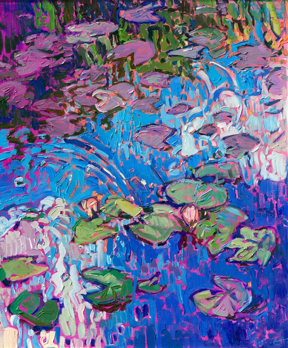 Painting of Monets Garden, water lilies of Giverny, France.