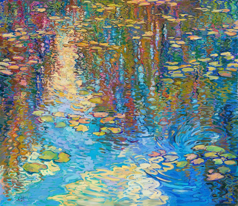 Large painting of Monet&#39;s water lilies in a contemporary version of impressionism by Erin Hanson