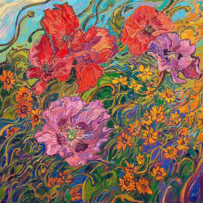 Abstract impressionism painting of red poppies and flowers from Monets Garden in Giverny, by impressionist artist Erin Hanson.