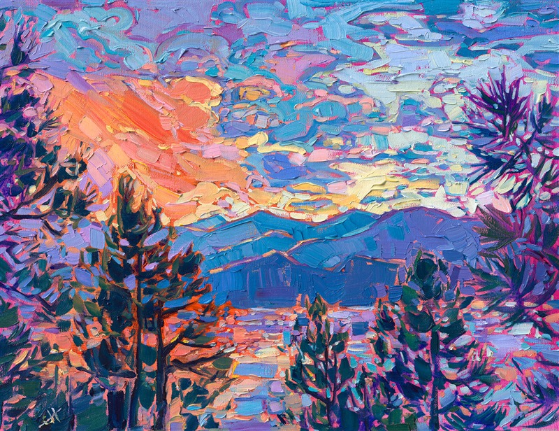 Petite sunset oil painting of Whitefish Montana sunset lake and mountains painting, by Erin Hanson.