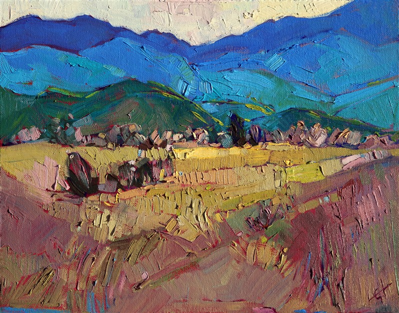 Montana landscape small oil painting on board, by Erin Hanson