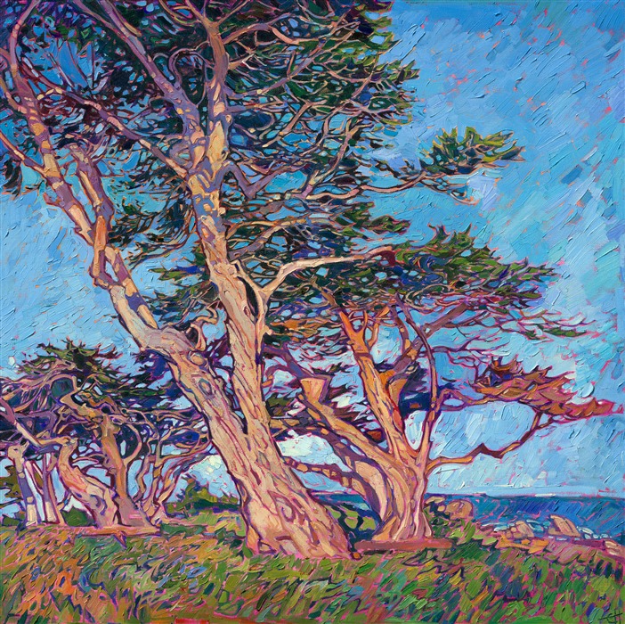 Colorful impressionism painting of Monterey cypress trees by modern impressionist Erin Hanson