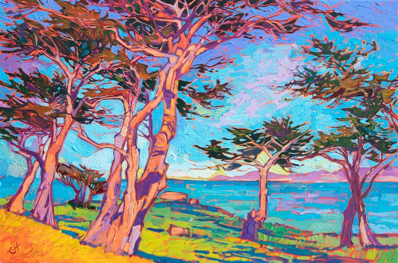 Monterey California coastal oil painting of cypress trees, by modern impressionist Erin Hanson.