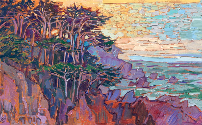 Cypress tree painting of Carmel in Monterey County, by impressionist artist Erin Hanson