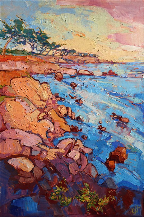 Monterey coastal rocks, premier coup oil painting by Erin Hanson