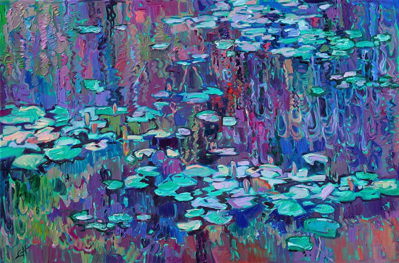 Contemporary impressionism water lily painting by American impressionist Erin Hanson, availble for purchase at The Erin Hanson Gallery in McMinnville, Oregon.