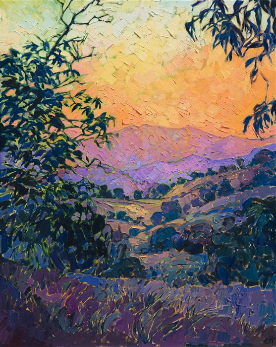 Landscape oil painting of Paso Robles with glowing sky painted by contemporary impressionist artist Erin Hanson