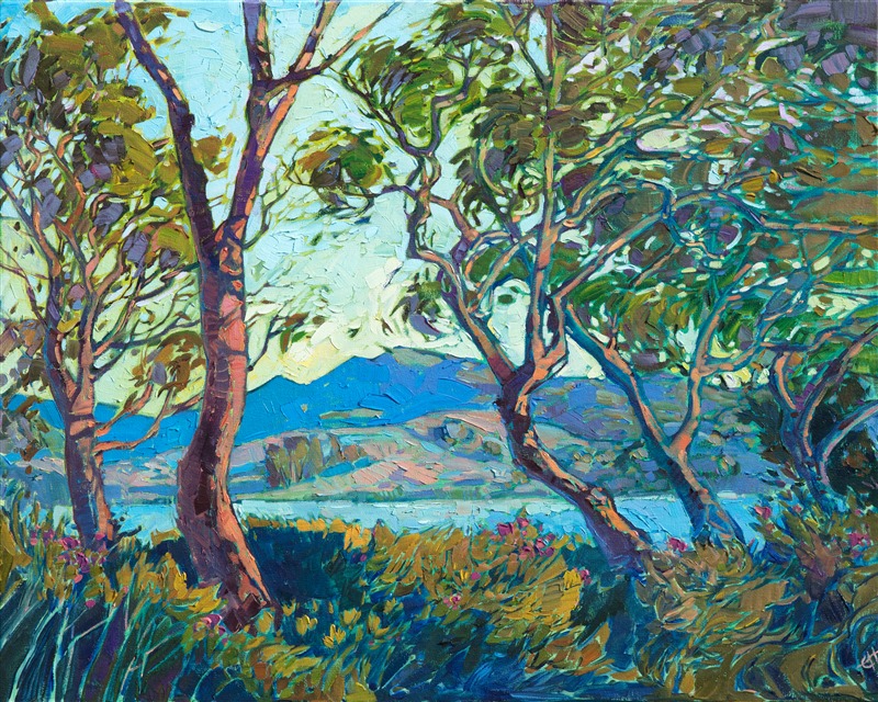 Oil painting of San Luis Obispo landscape surrounded by wispy trees, painted by contemporary artist Erin Hanson 