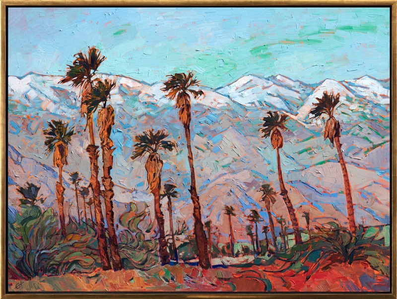 Oil painting for art collectors of Palm Springs scenery with snowcapped mountains and palm trees by Impressionist artist Erin Hanson framed in champagne open impressionist frame