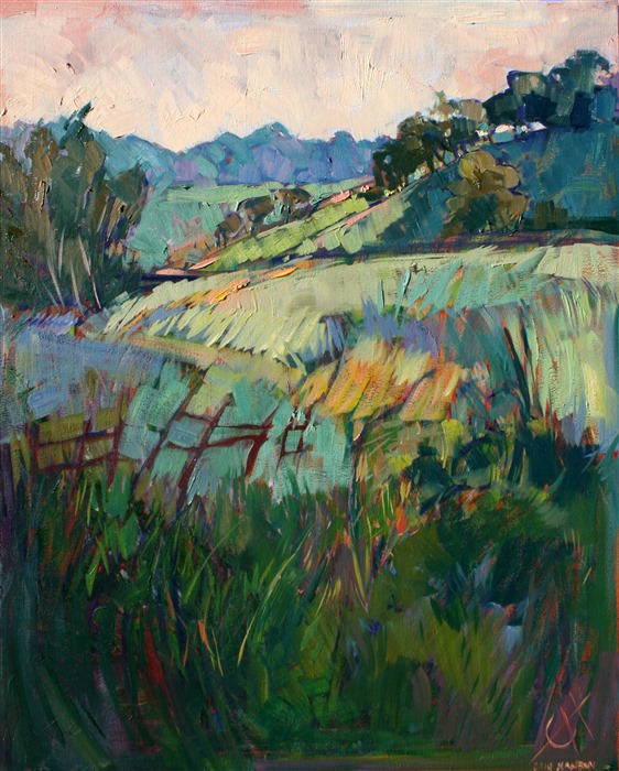 Green California hills oil painting landscape by Erin Hanson