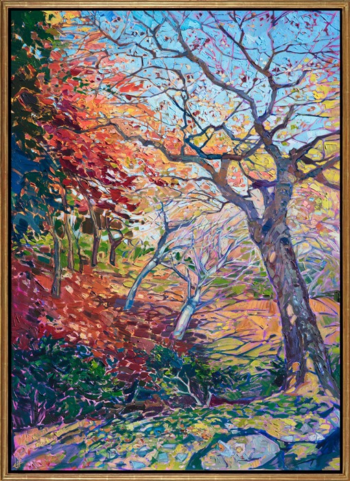 Oil painting of autumn maple trees in Kyoto Japan painted impressionistically by Erin Hanson, framed in a gold floater frame