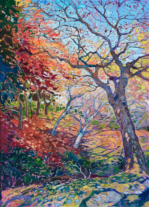 Oil painting of autumn maple trees in Kyoto Japan by impressionist artist Erin Hanson