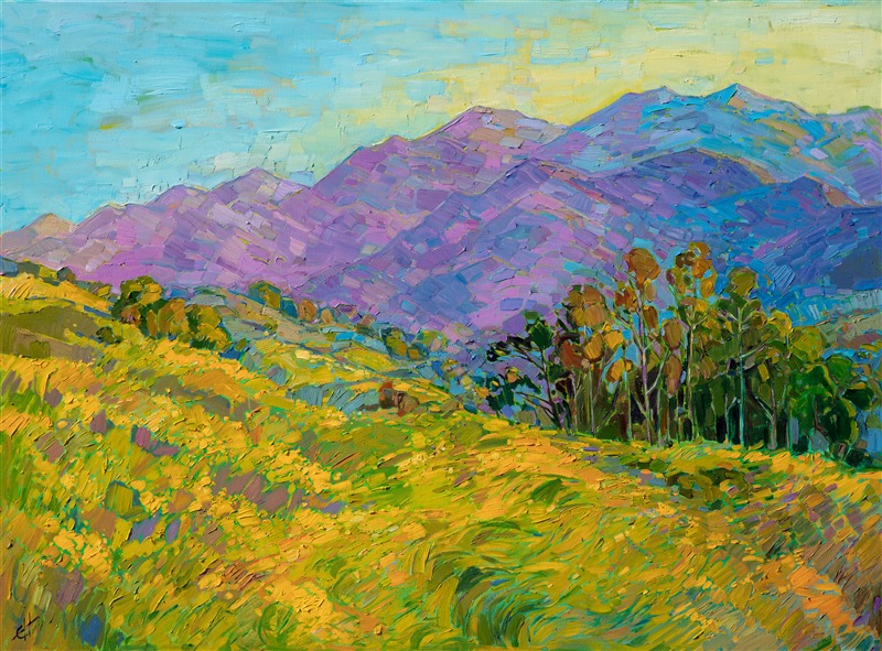 Mustard flowers on a California hillside, by contemporary landscape artist Erin Hanson.