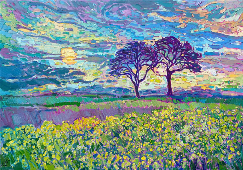 Open Impressionism painting by Erin Hanson, painting of mustard fields in Oregon Willamette Valley