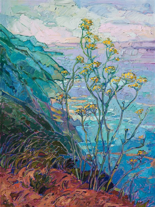 Highway 1 California coastal painting of colorful hills, painted by modern impressionist Erin Hanson.