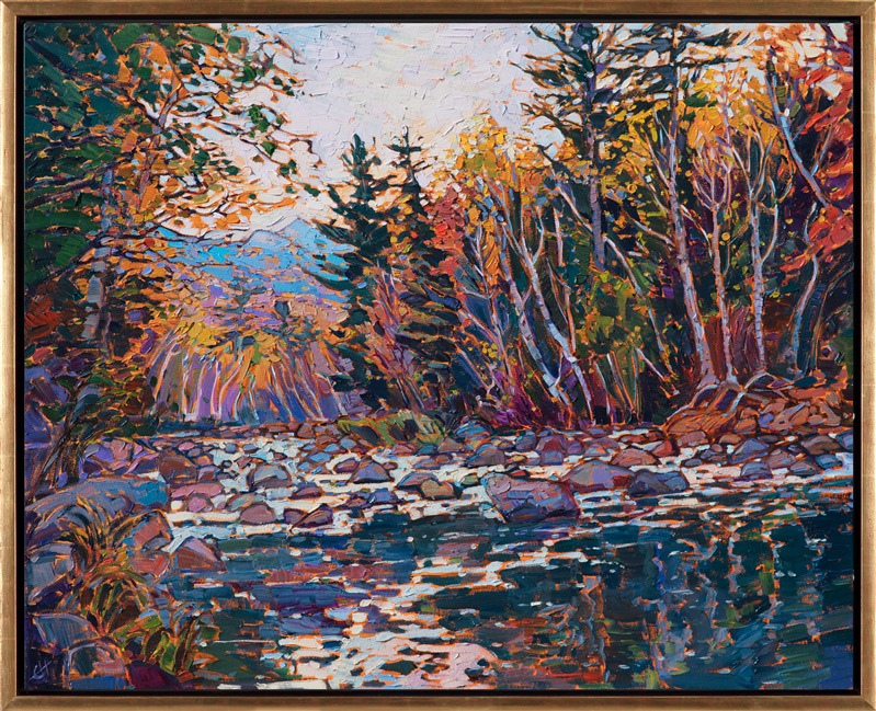 Oil painting of New England autumn color by impressionist artist Erin Hanson framed in gold floater frame